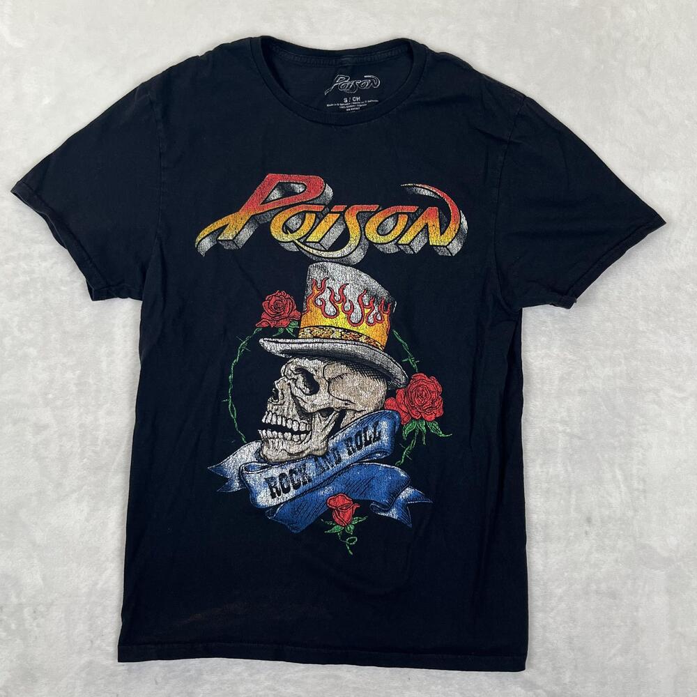 Poison T-Shirt Size Small Black Skull Top Hat Rock N Roll Band Graphic Retro VTG